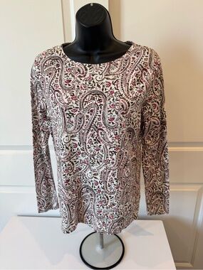 croft & barrow White Long Sleeve Paisley Print Top with Burgundy Accents